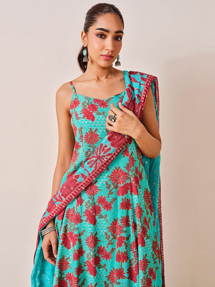 Global Desi Floral Printed Shoulder Straps A-Line Kurta With Trousers & Dupatta