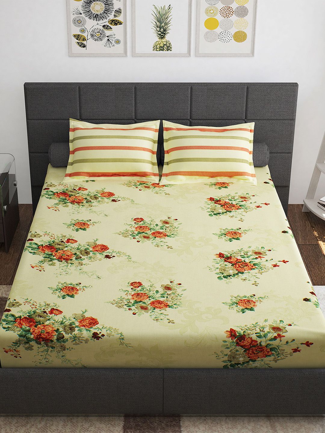 Story@home Ventura Orange Cream-Coloured 144 TC Cotton Queen Bedsheet 2 Pillow Covers
