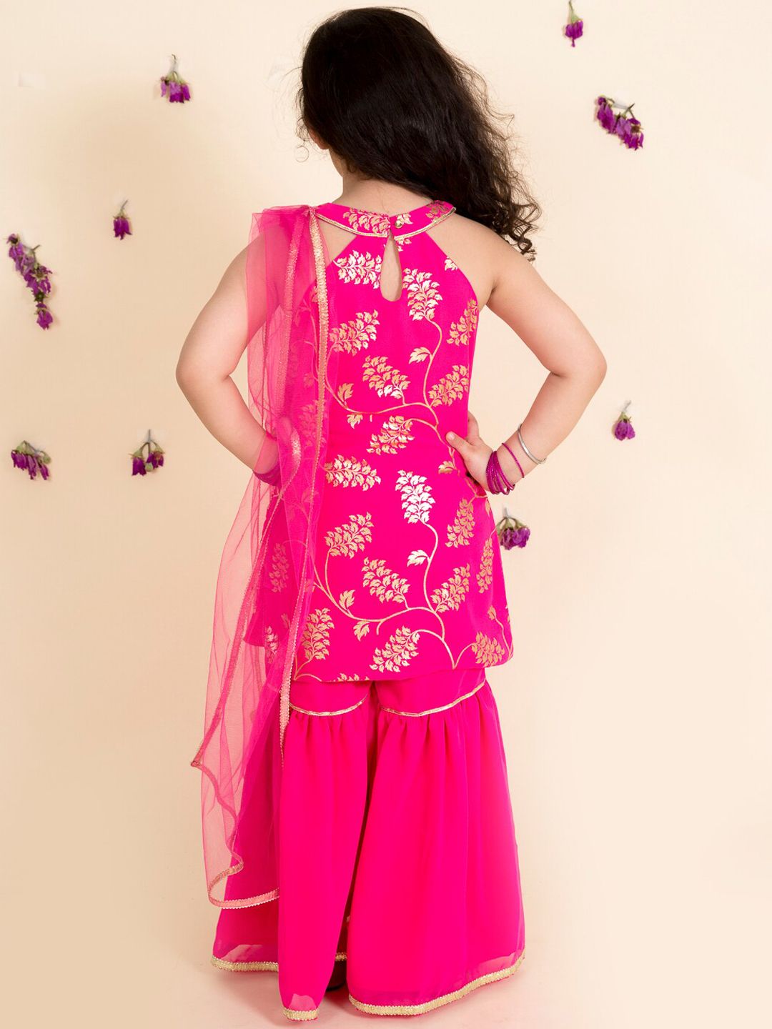 pspeaches Girls Magenta Floral Printed Kurta with Sharara & Dupatta