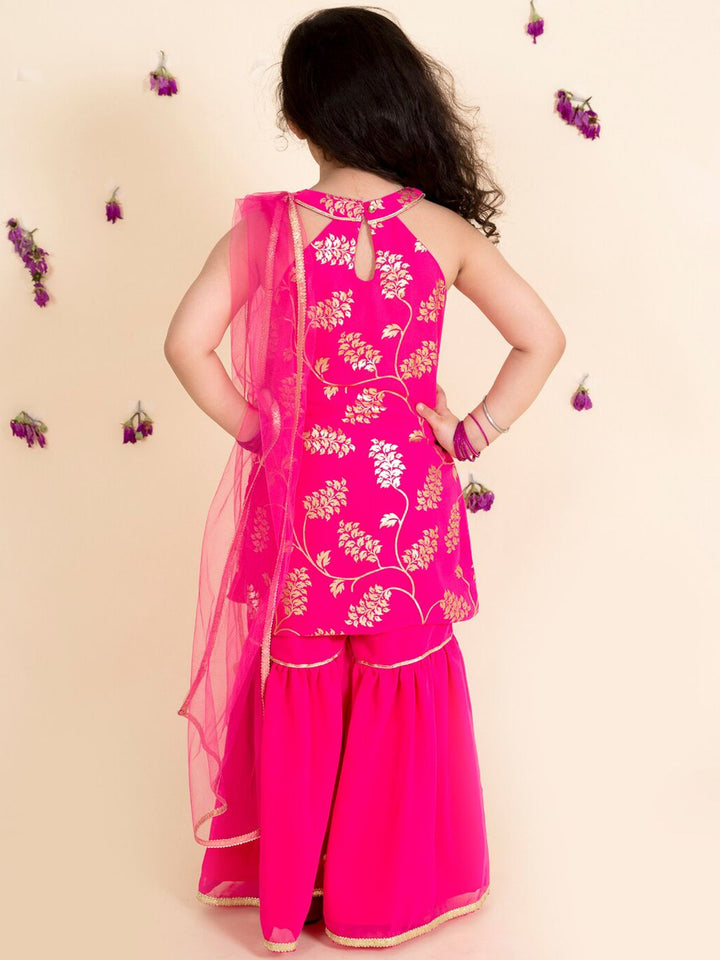 pspeaches Girls Magenta Floral Printed Kurta with Sharara & Dupatta