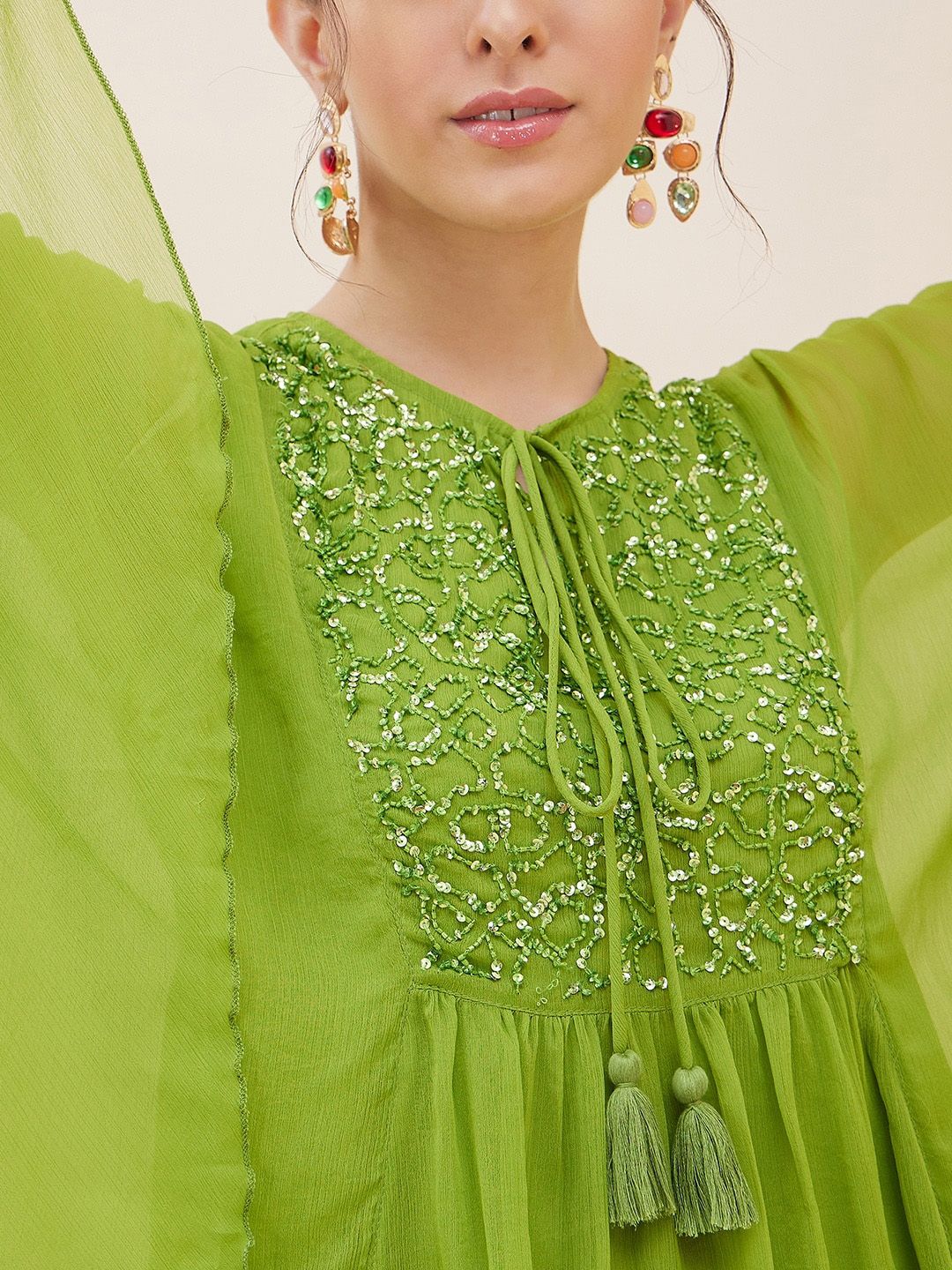 Antheaa Tie-Up Neck Extended Sleeves Beads and Stones Kaftan Top With Palazzos