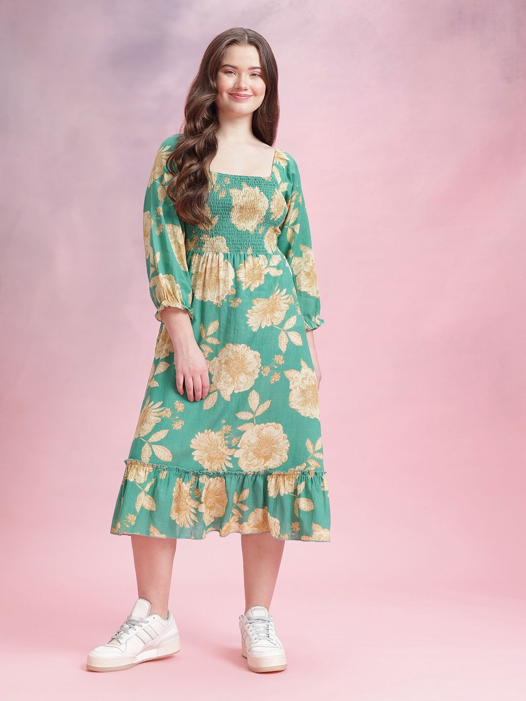 DressBerry Floral Print Puff Sleeve Fit & Flare Dress