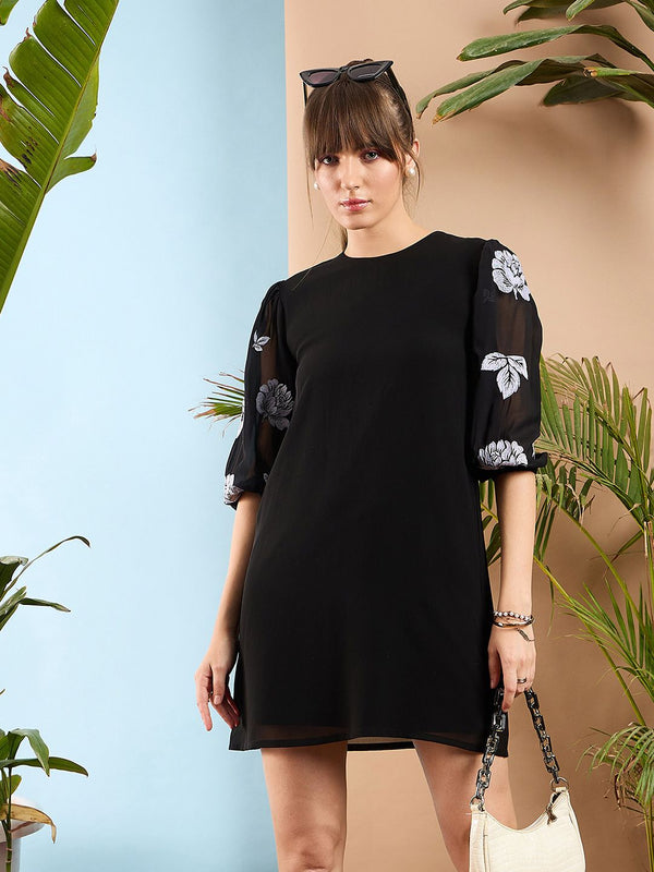 SASSAFRAS Floral Printed Puff Sleeves Round Neck A-Line Dress