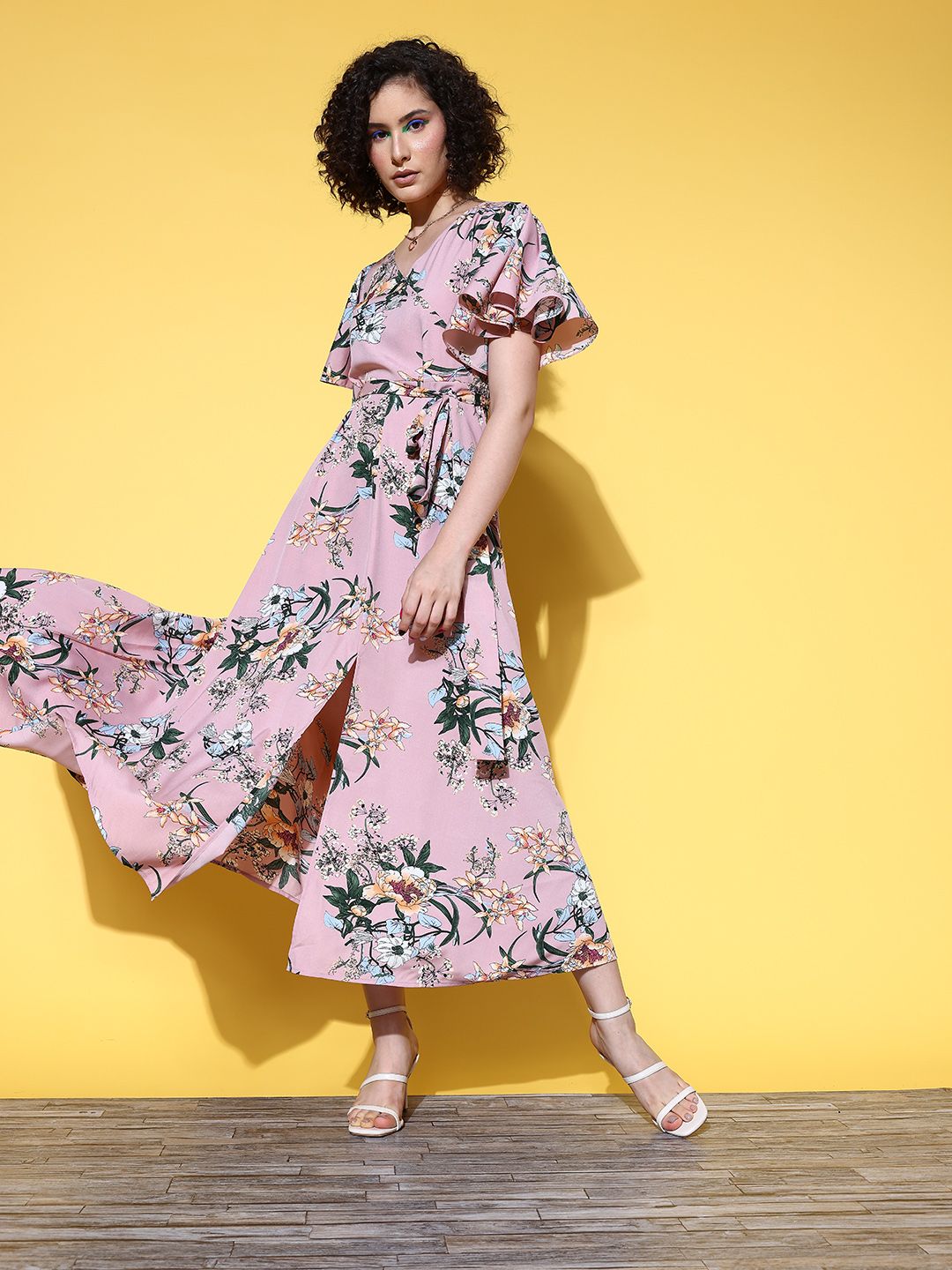 Berrylush Women Pretty Pink Floral Twist & Knot Dress