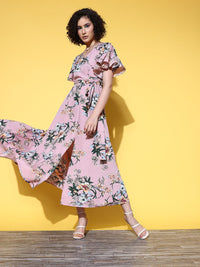 Berrylush Women Pretty Pink Floral Twist & Knot Dress