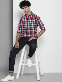 The Indian Garage Co Men Navy Blue & Red Gingham Checked Pure Cotton Casual Shirt