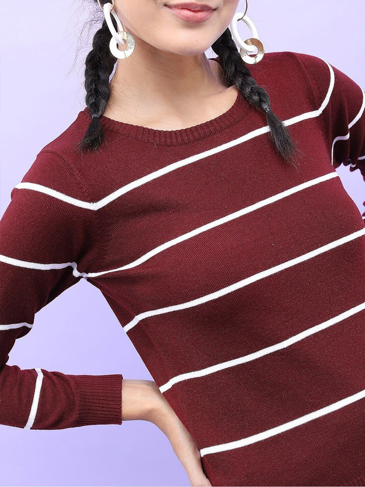 Tokyo Talkies Women Maroon & White Striped Pullover Sweaters