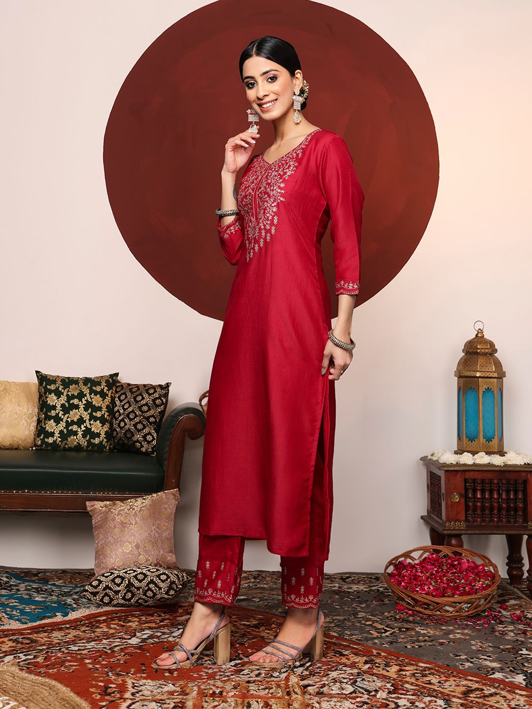 Varanga Women Maroon Yoke Design Kurta with Trousers & With Dupatta