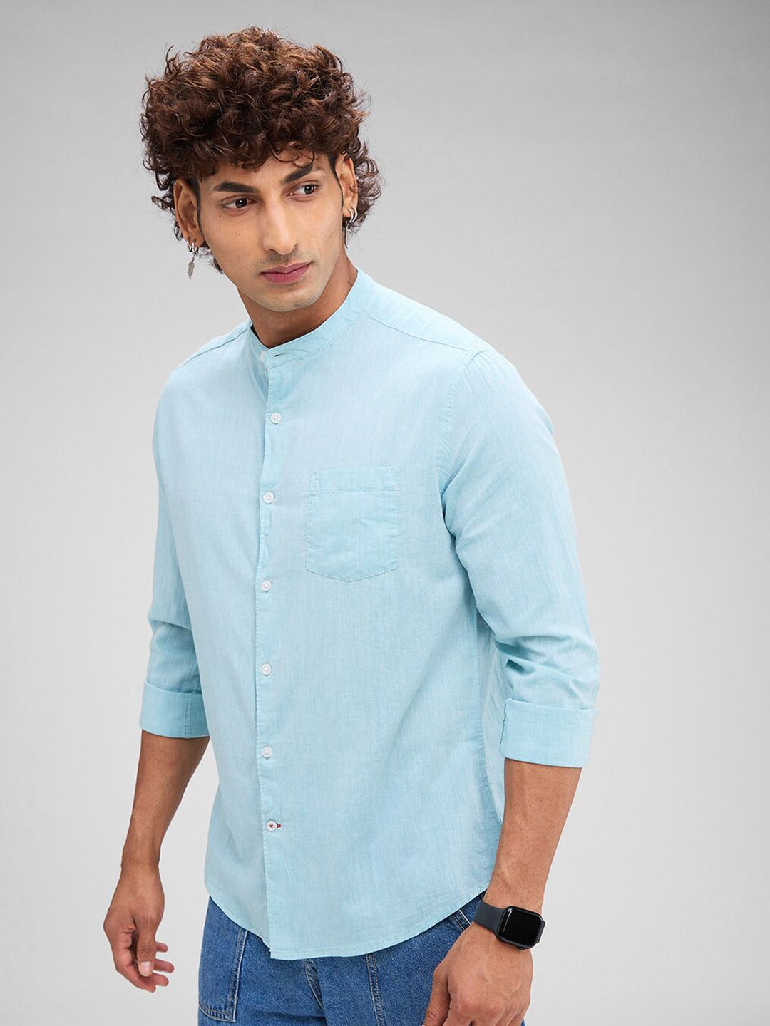 VASTRADO Classic Slim Fit Mandarin Collar Cotton Casual Shirt