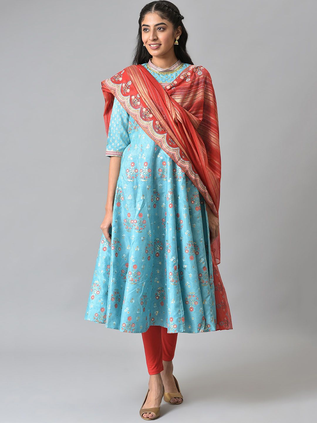 AURELIA Women Blue Ethnic Motifs Printed Panelled Kurta Set