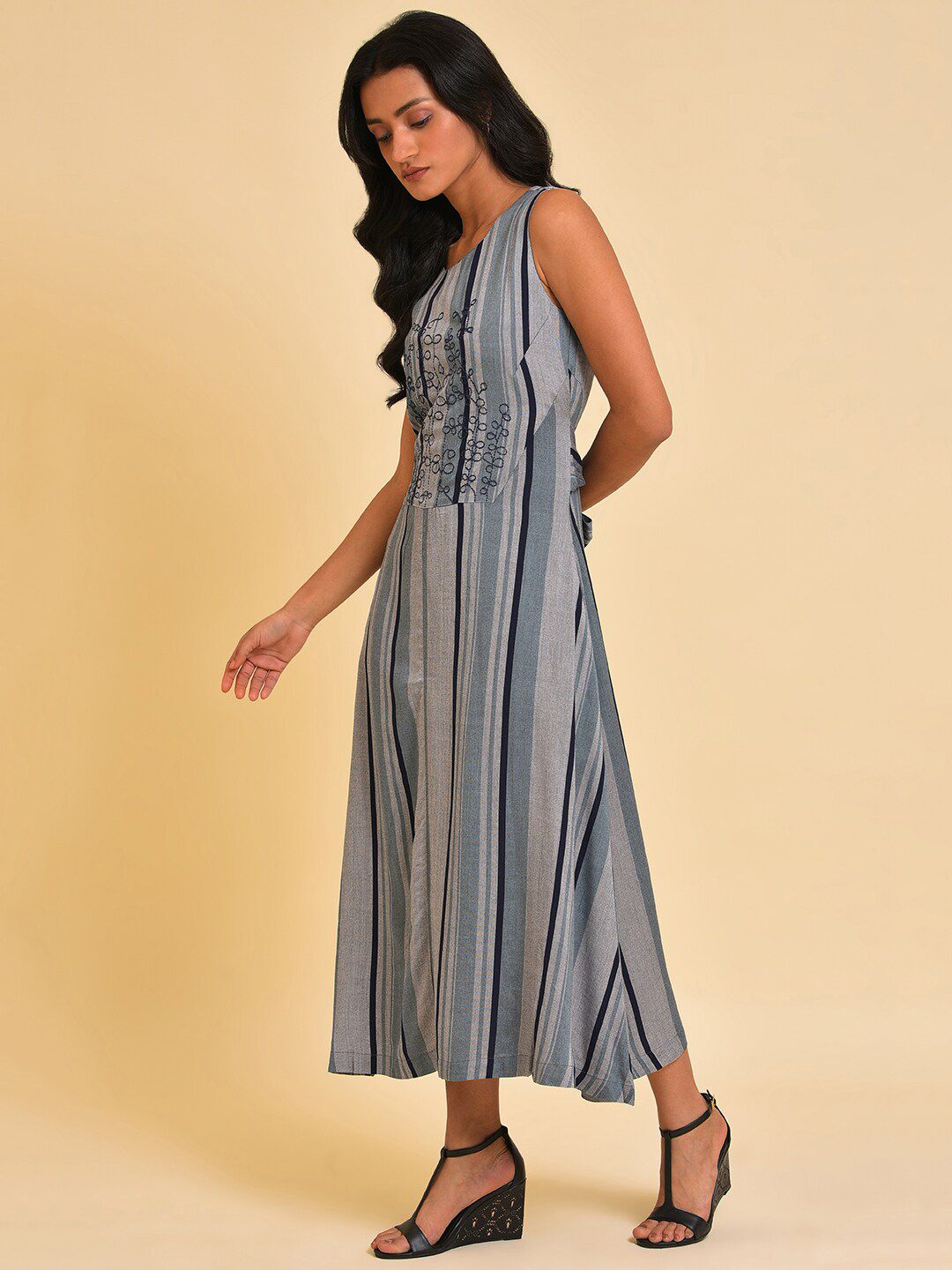 W Blue Striped A-Line Maxi Dress – Myntra International