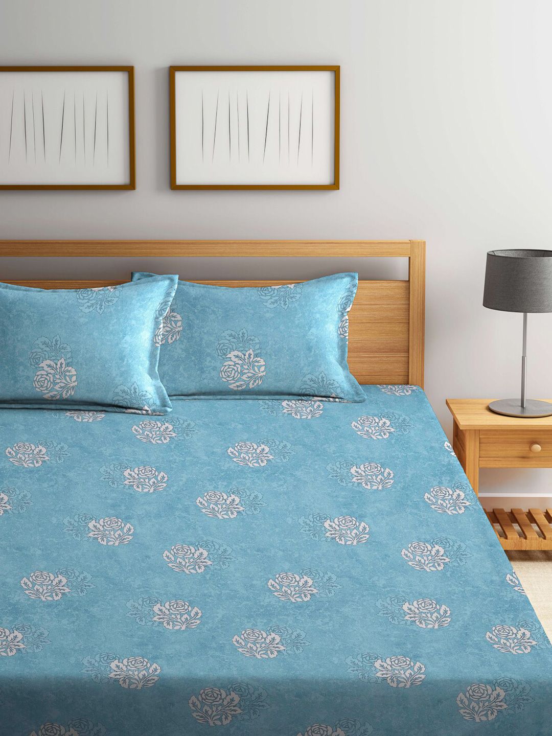 KLOTTHE Turquoise Blue & White Printed 400 TC Pure Cotton Fitted Double King Bedsheet Set