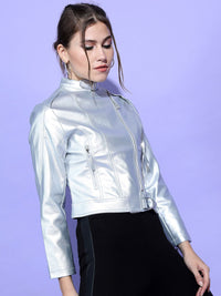 Tokyo Talkies Women Silver Crop Biker Jacket