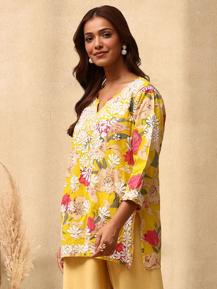 Rumah Wanita Chikankari Cotton Kuning Chikankari Sulam Kurta