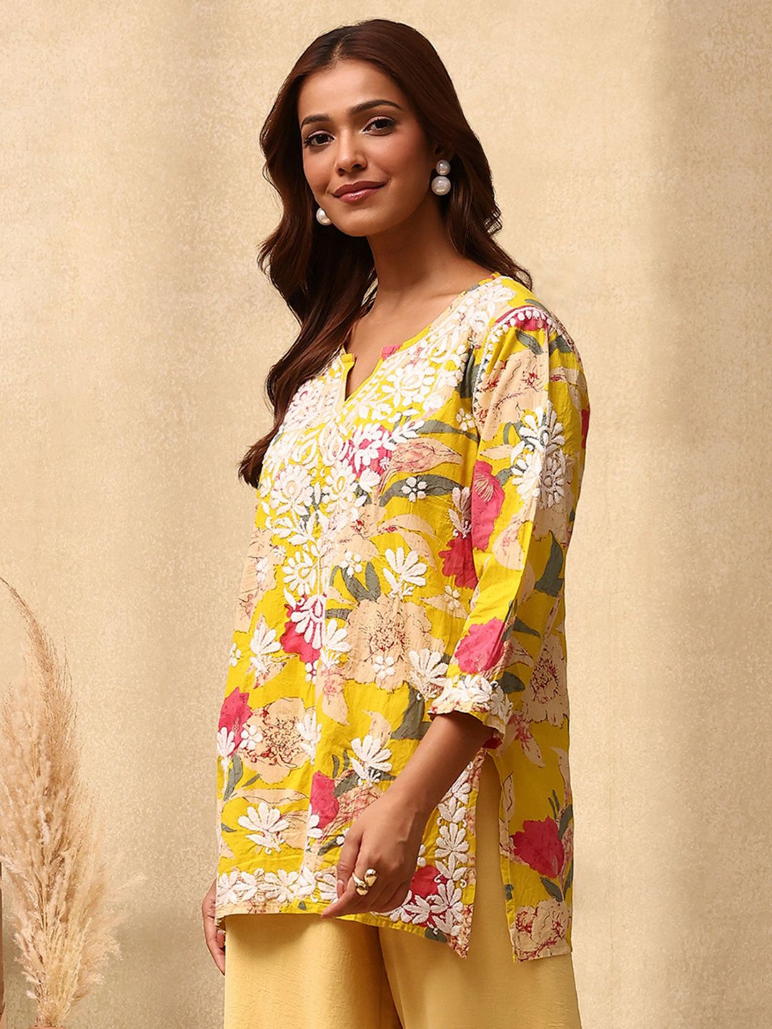 Rumah Wanita Chikankari Cotton Kuning Chikankari Sulam Kurta