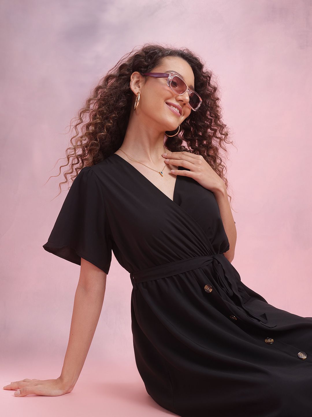 DressBerry Flared Sleeve Wrap Style Dress Comes With a Belt