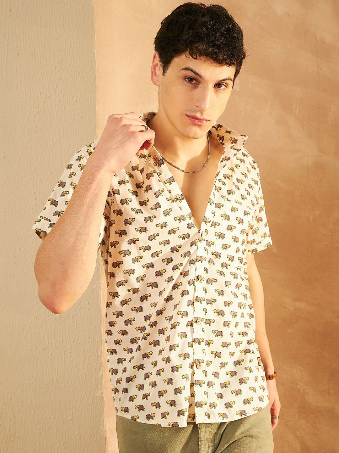 DENNISON Smart Ethnic Motifs Printed Spread Collar Cotton Oversized Lightweight Shirt