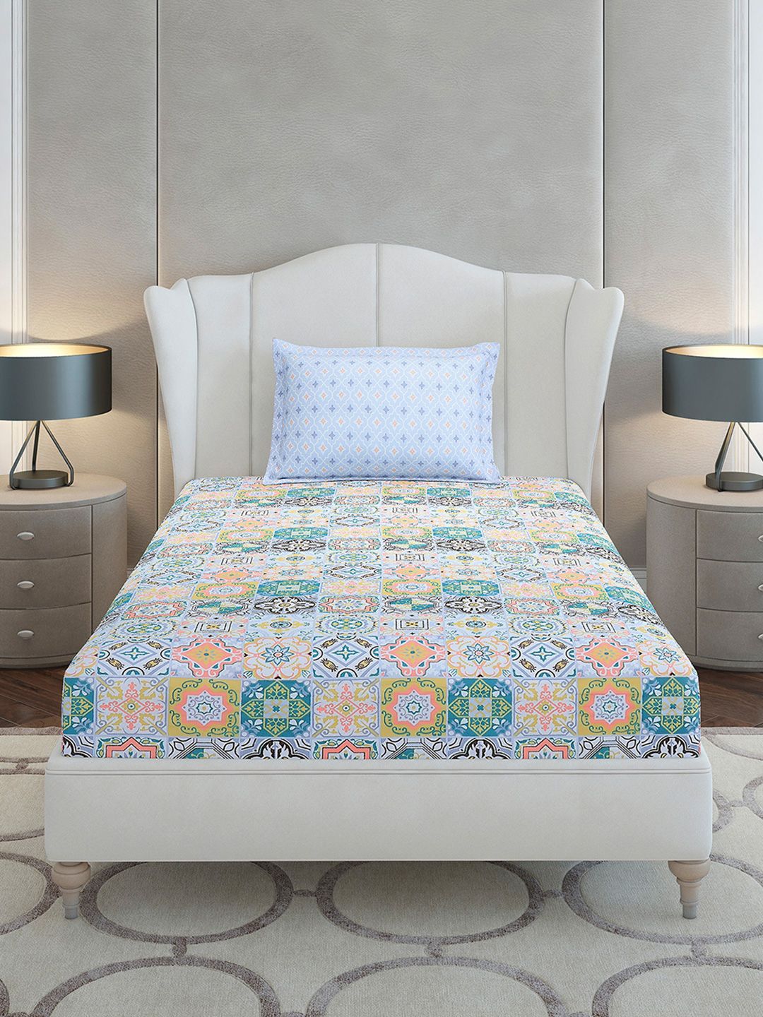 Monte Carlo White & Blue Ethnic Motifs Printed 144 TC Single Bedsheet Set 2.29 m x 1.52 m