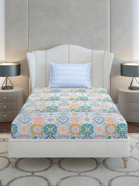 Monte Carlo White & Blue Ethnic Motifs Printed 144 TC Single Bedsheet Set 2.29 m x 1.52 m