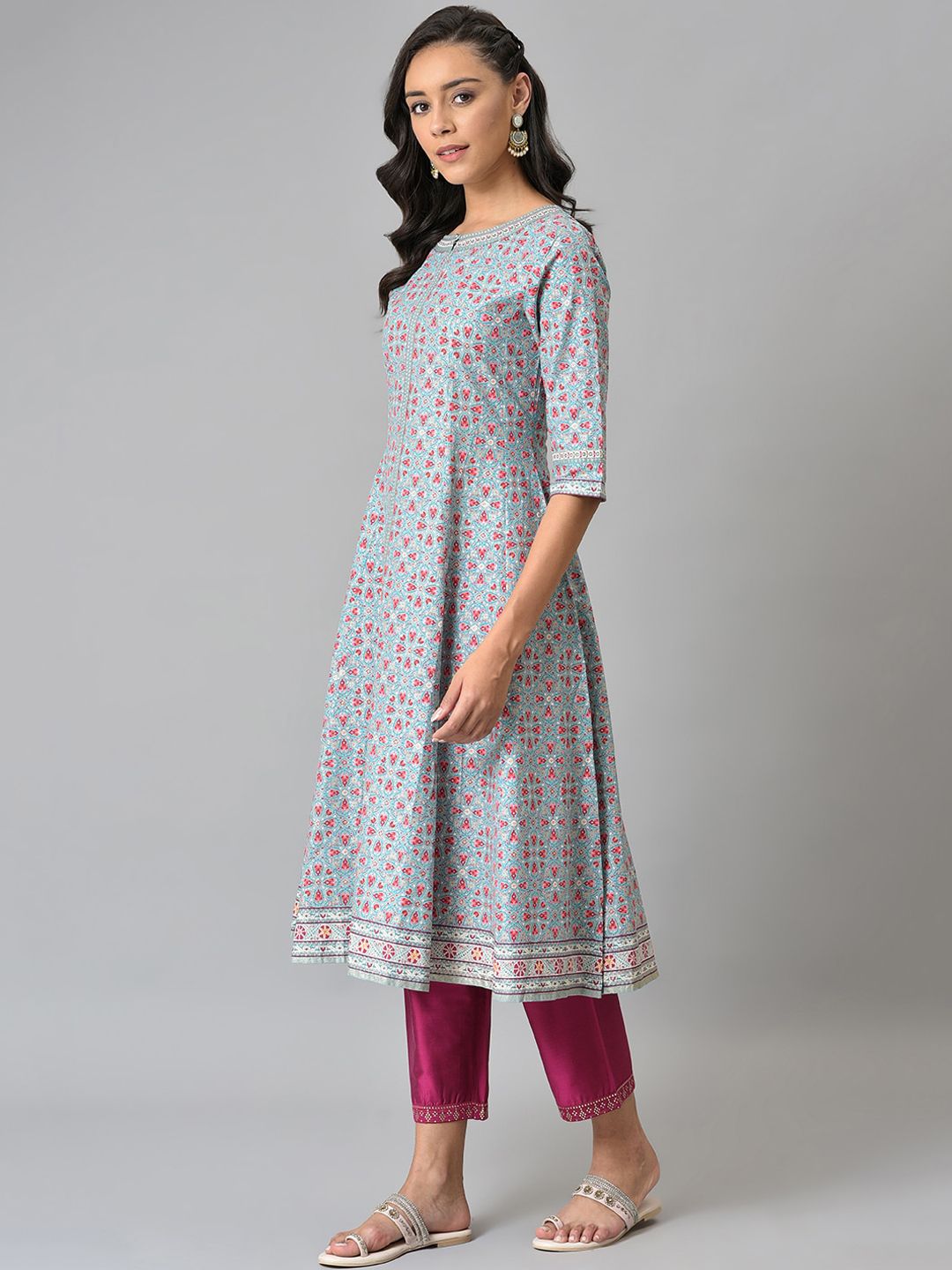 W Women Blue & Pink Ethnic Motifs Printed Anarkali Kurta
