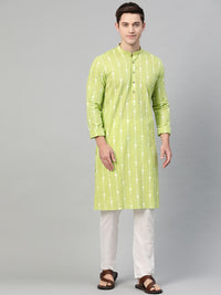 See Designs Men Lime Green & White Printed Pure Cotton Straight Kurta