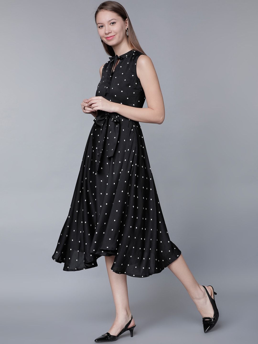 Tokyo Talkies Women Black Polka Dot Print Fit and Flare Dress