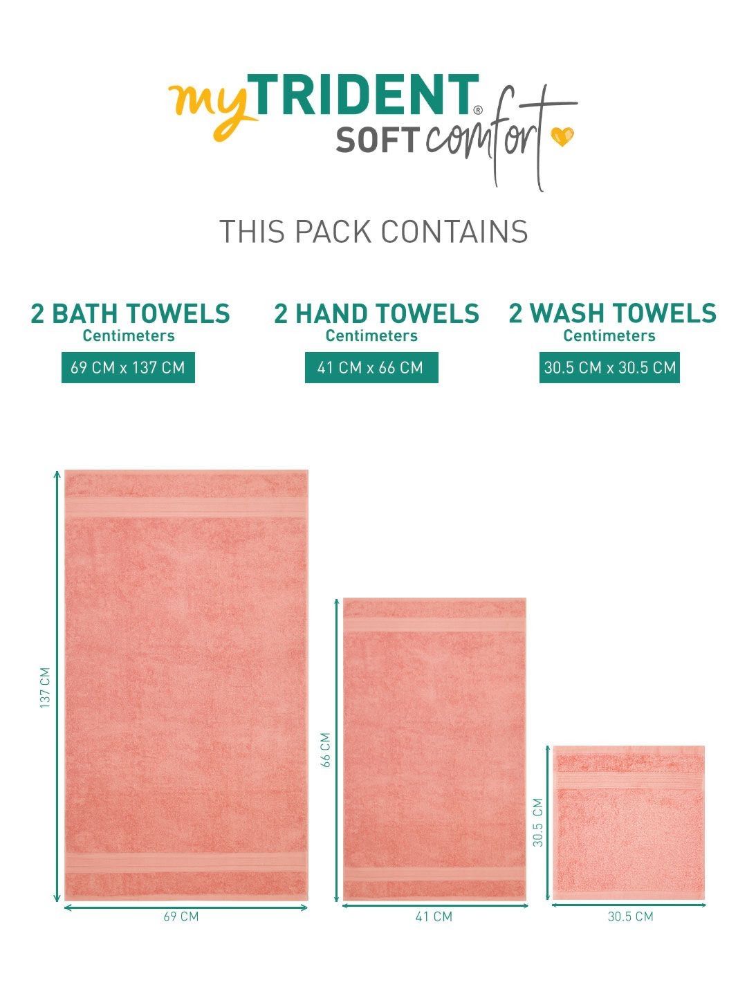 MYTRIDENT Soft Comfort Coral 6 Pieces Pure Cotton 500 GSM Towel Set