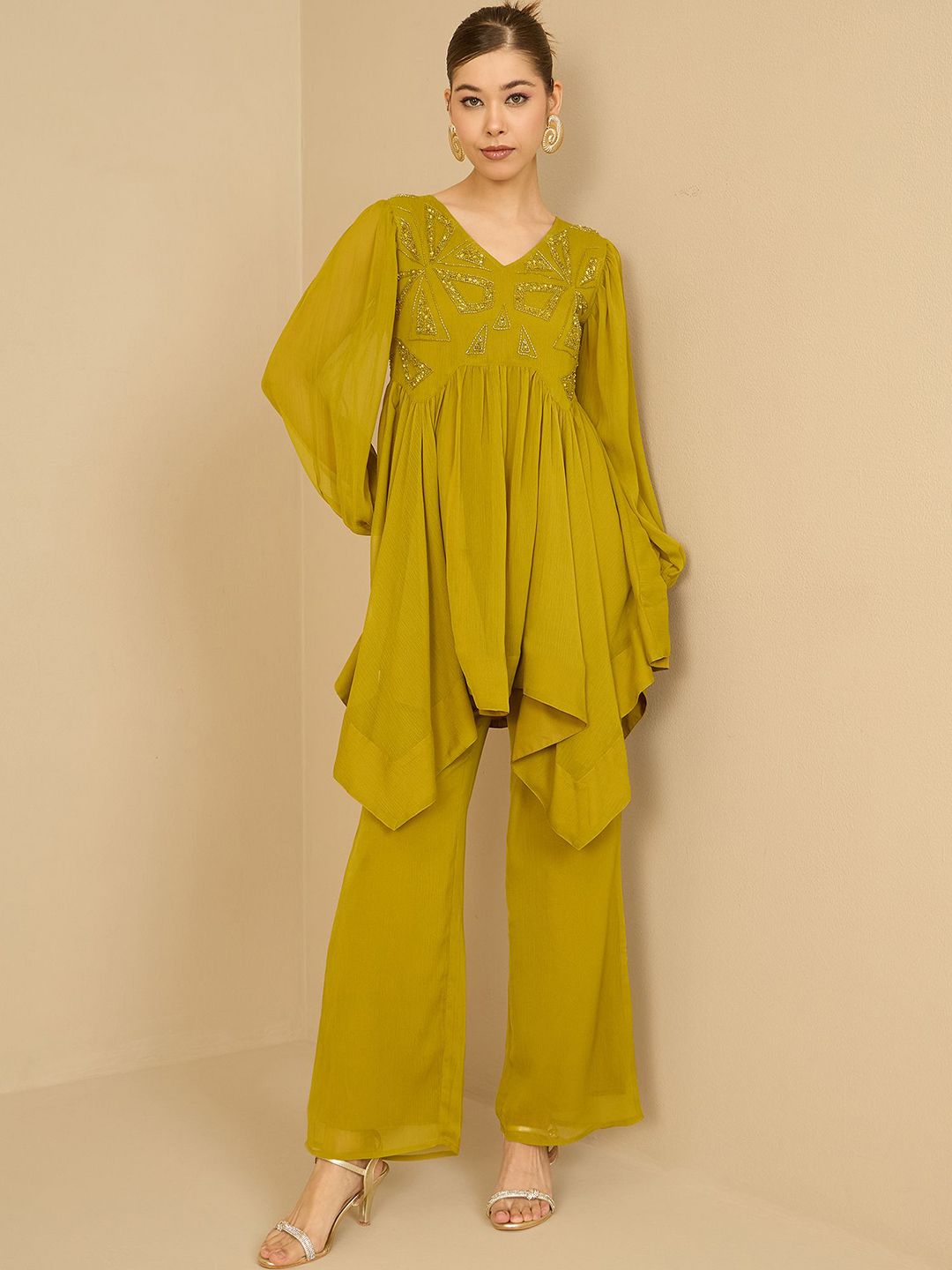 Antheaa Women Embellished V-Neck Tunic With Trouser