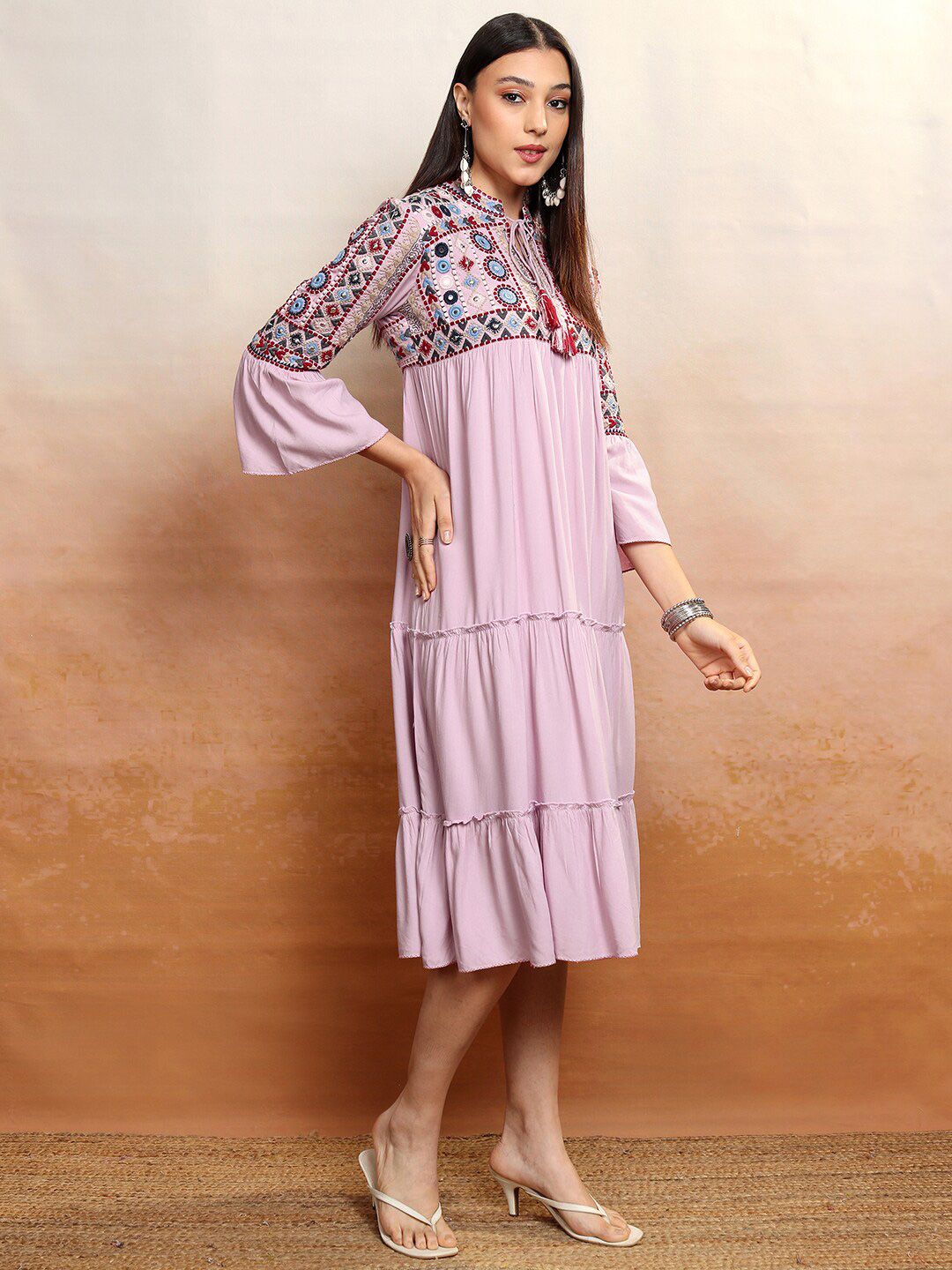 Vishudh Lavender Tie-Up Neck Embroidered Tiered Velvet Empire Midi Dress