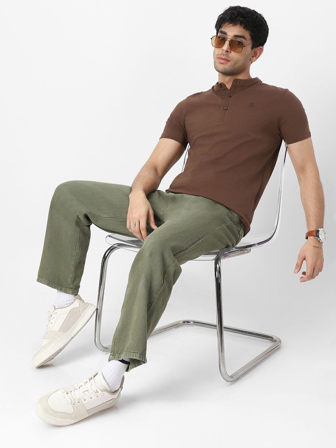 Urbano Fashion Men's Cocoa Brown Solid Mandarin Collar Slim Fit Half Sleeve Cotton T-Shirt