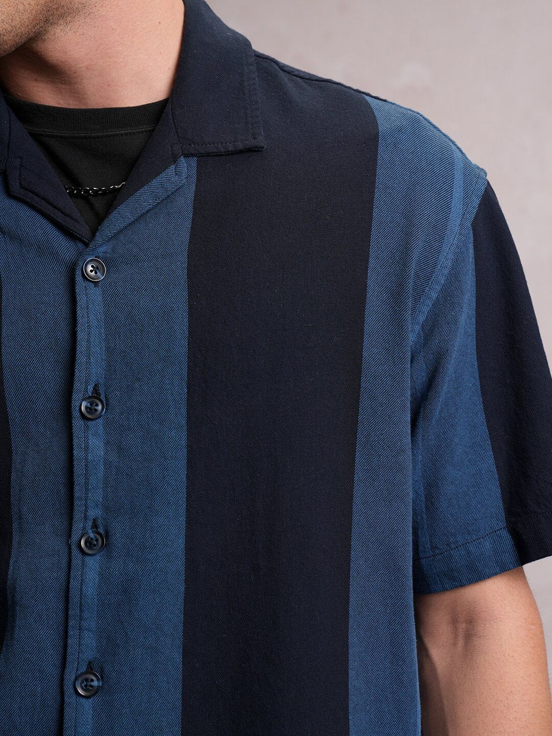 Locomotive Men Navy Dobby Textured Striper Camp Collar Oversized Shirt