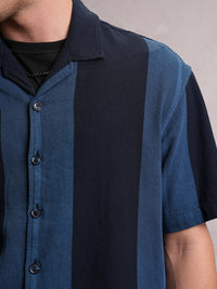 Locomotive Men Navy Dobby Textured Striper Camp Collar Oversized Shirt