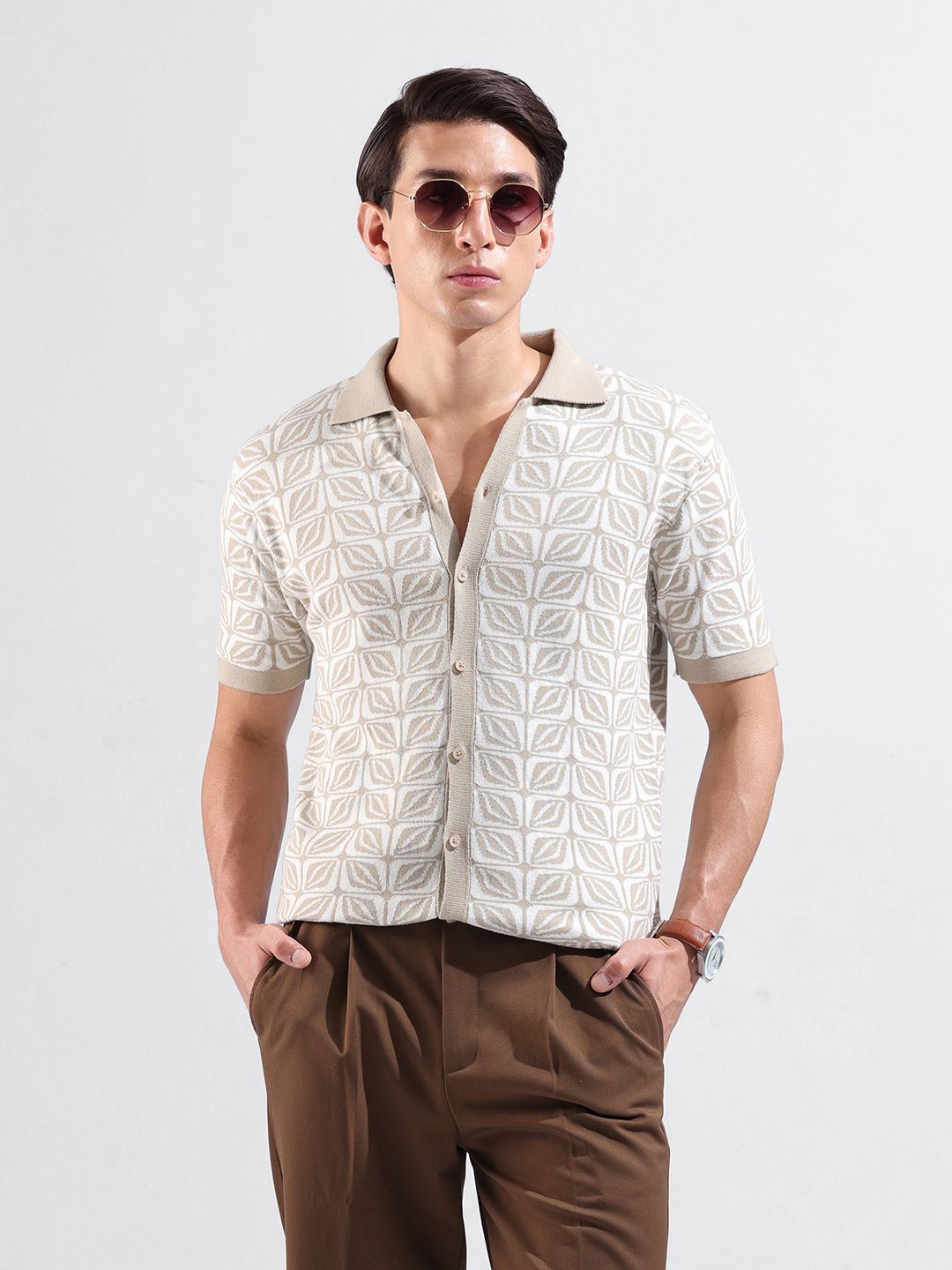 The Indian Garage Co Men Slim Fit Geometric Casual Flat Knit Shirt