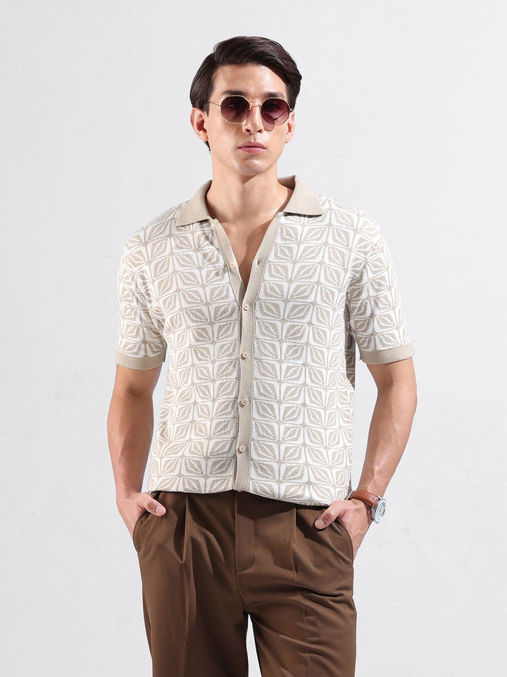 The Indian Garage Co Men Slim Fit Geometric Casual Flat Knit Shirt