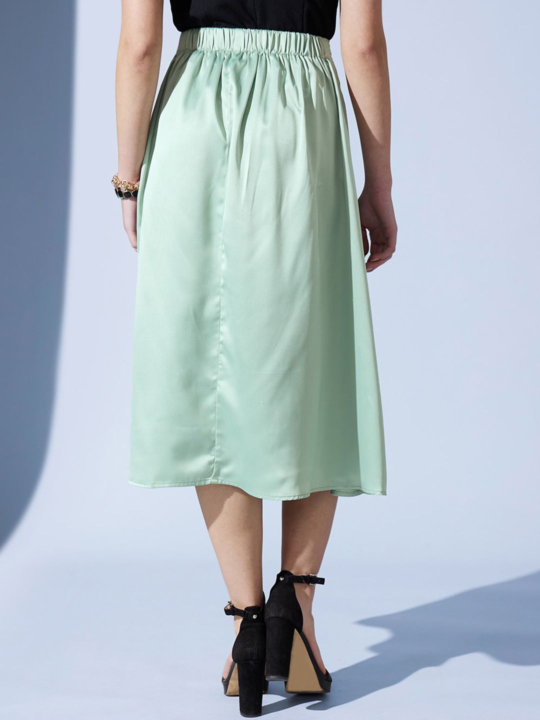 STREET 9 Sea Green Satin A-Line Midi Skirt