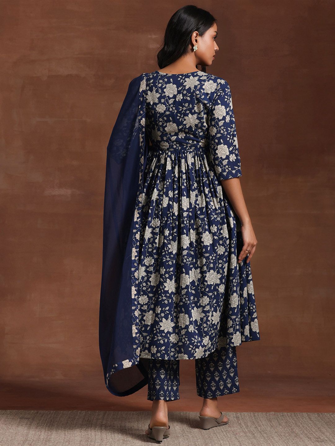 Libas Floral Printed Pleated Round Neck Three-Quarter Sleeves Pure Cotton Kurta Set