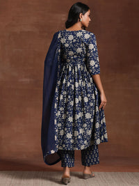 Libas Floral Printed Pleated Round Neck Three-Quarter Sleeves Pure Cotton Kurta Set