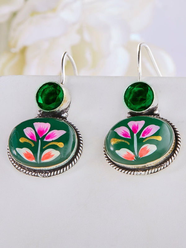 Priyaasi Silver Plated Emarld Stone Studded Oxidized Drop Earrings