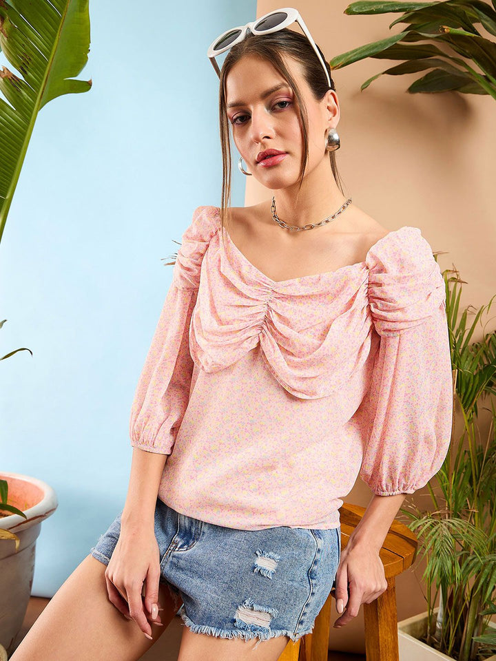 SASSAFRAS Floral Printed Puff Sleeve Ruched Top