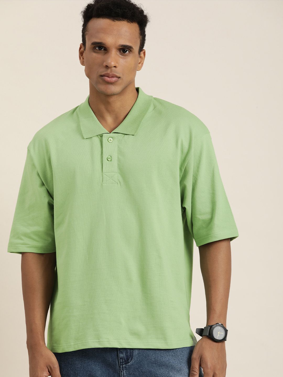 DILLINGER Men Solid Honeycomb Structure Oversized Cotton Polo T-Shirt