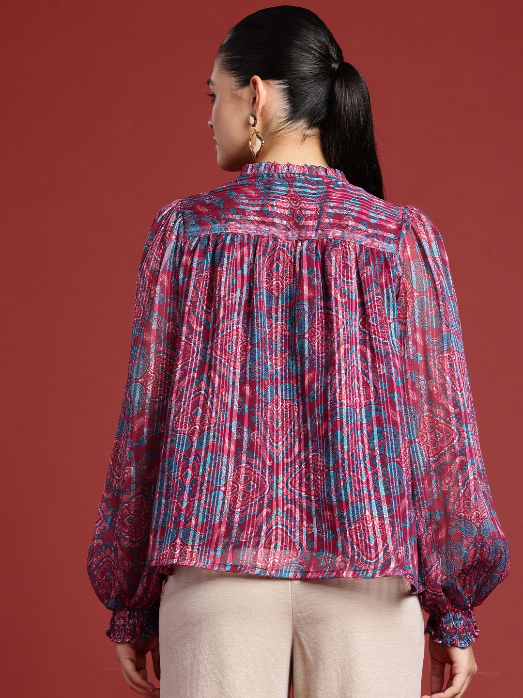 all about you Tie-Up Neck Puff Sleeve Ruffles Ethnic Printed Top