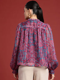 all about you Tie-Up Neck Puff Sleeve Ruffles Ethnic Printed Top