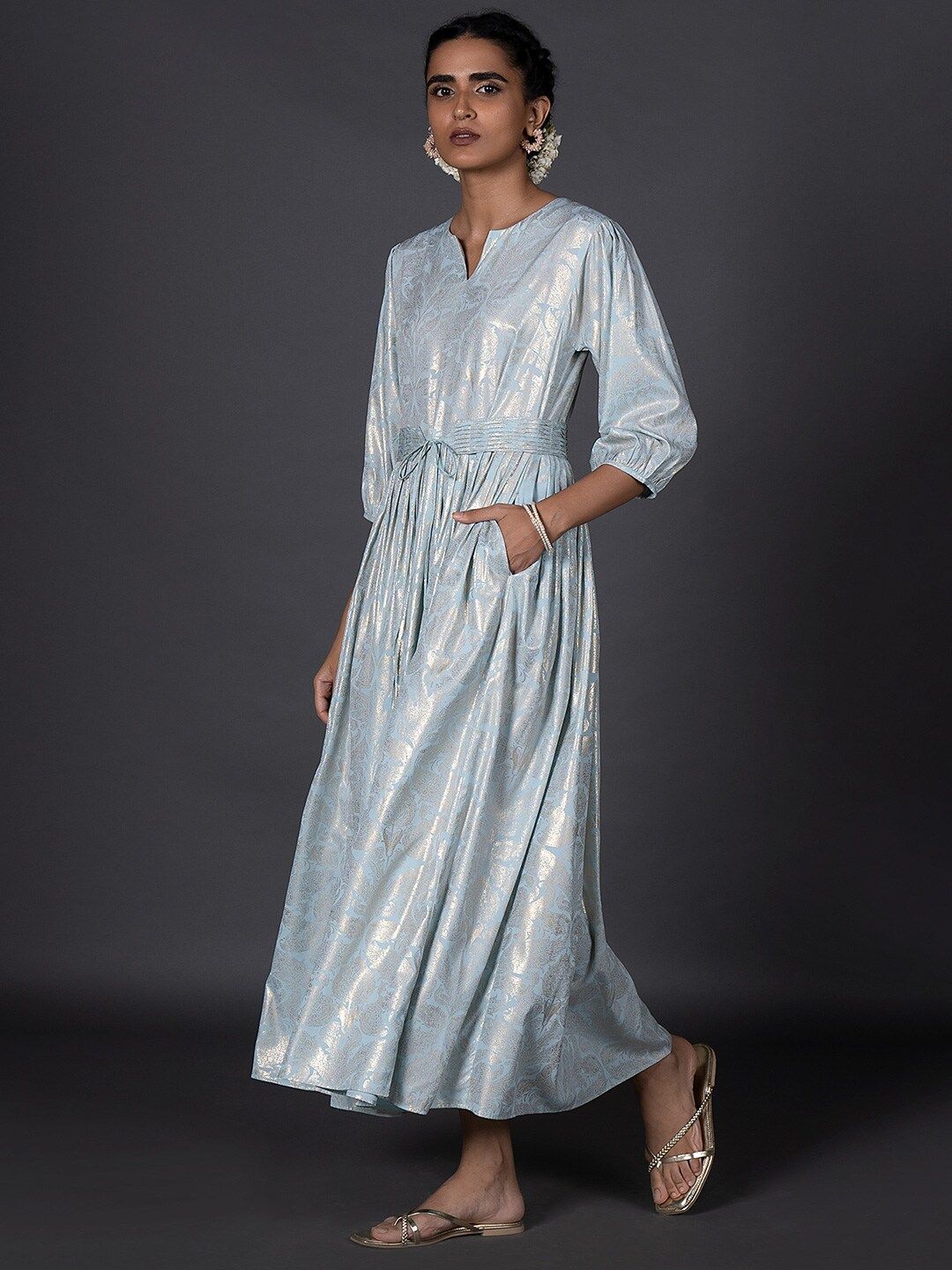 W Blue Striped Ethnic A-Line Maxi Dress