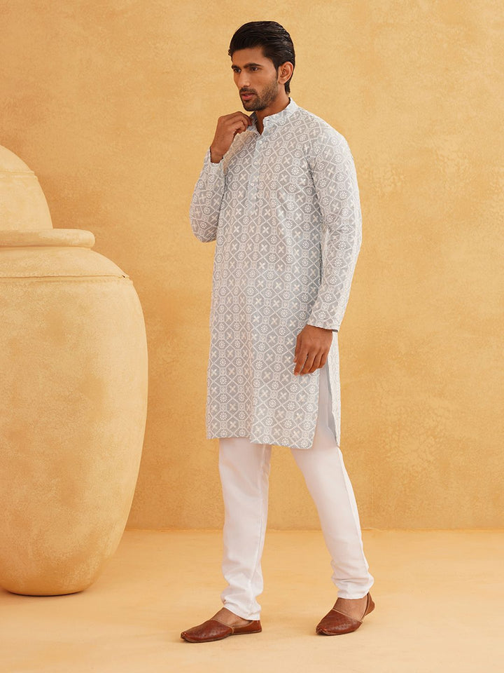 SOJANYA Floral Embroidered Band Collar Thread Work Pure Cotton Kurta with Churidar