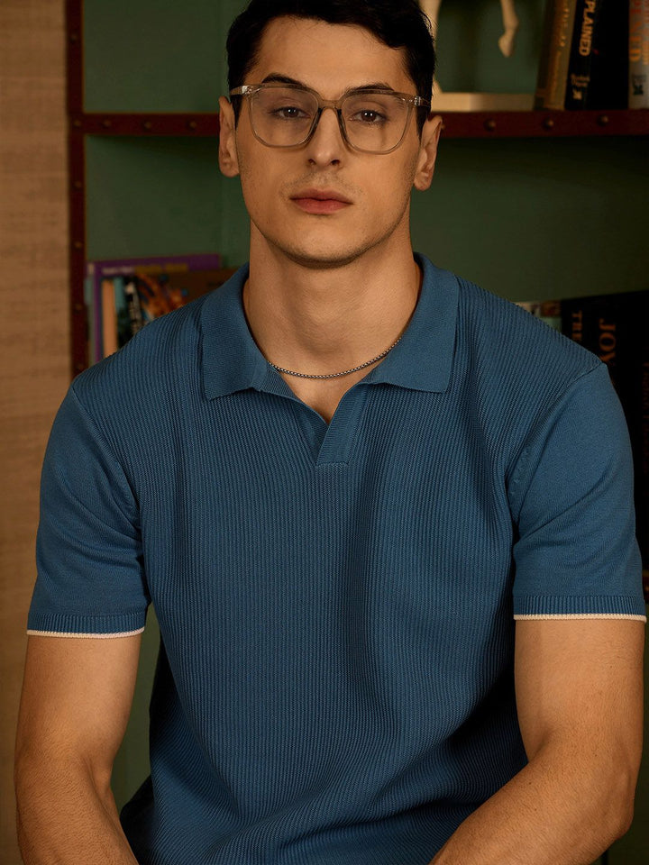 DENNISON Men Textured Polo Collar Knitted T-Shirt