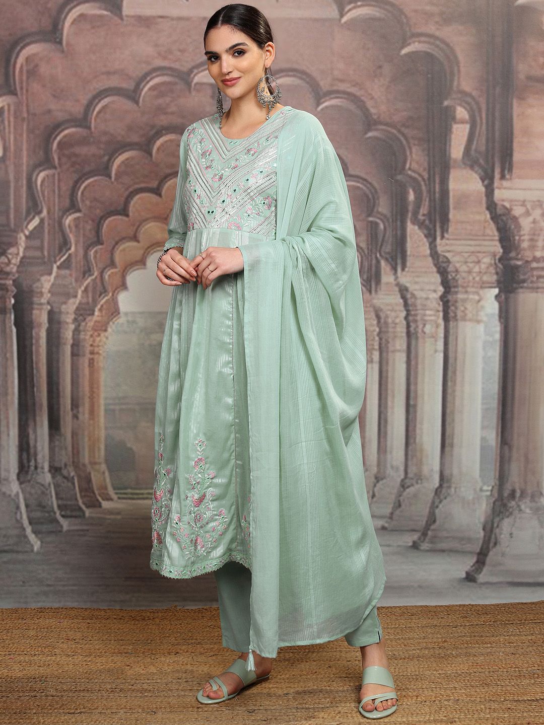 Vishudh Floral Embroidered Regular Pure Cotton Kurta with Trouser & Dupatta