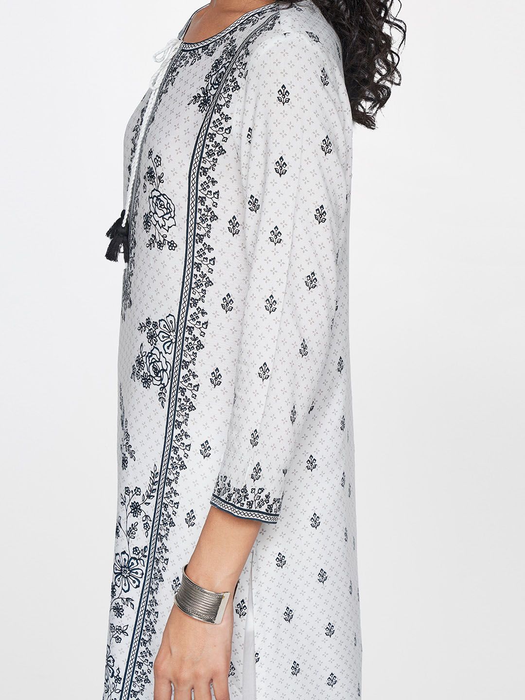 Global Desi Tie Up Neck Floral Printed Straight Kurta