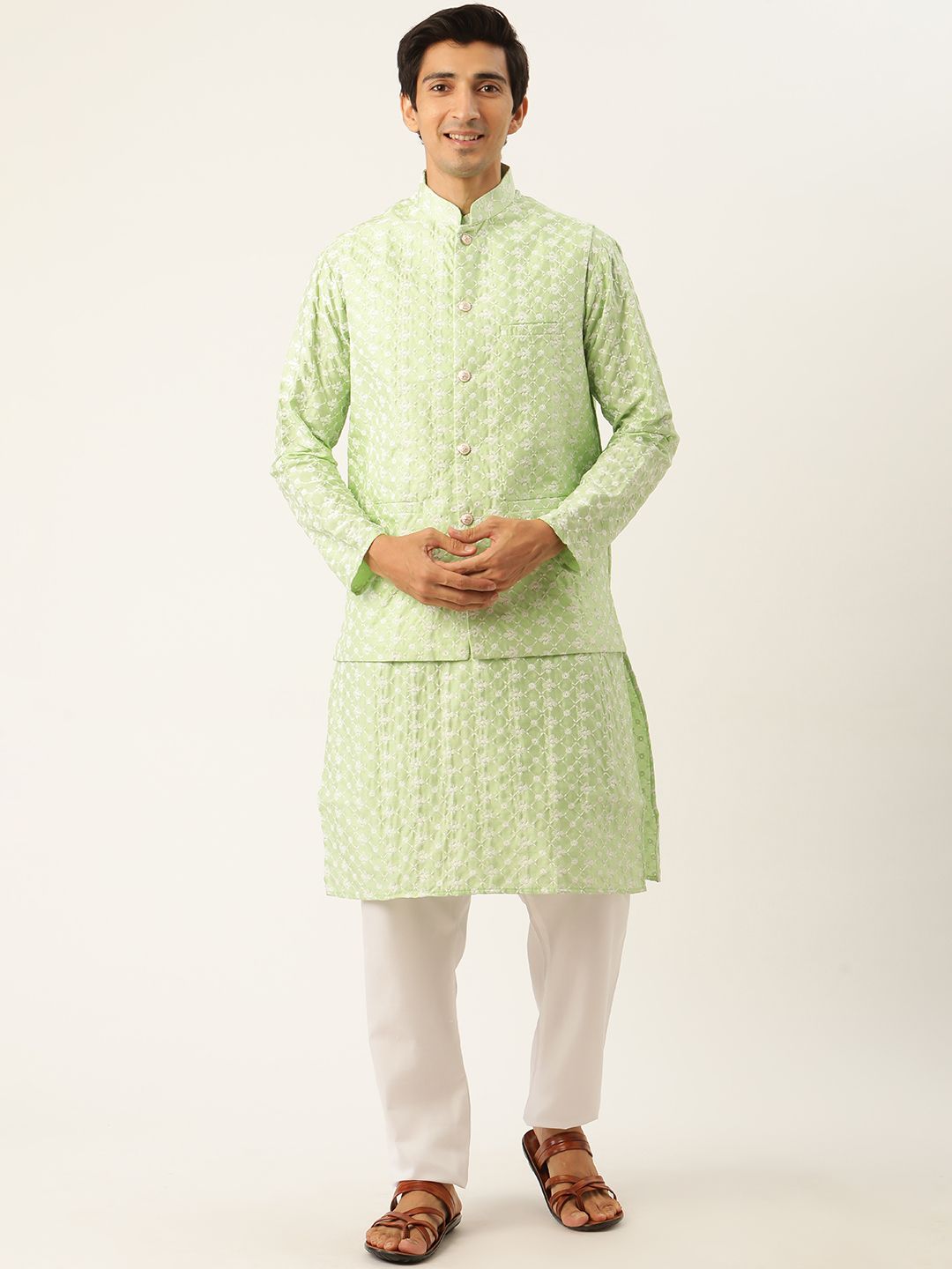 SOJANYA Lelaki Kurta Sulam Hijau Laut & Putih dengan Piyama & Jaket Nehru