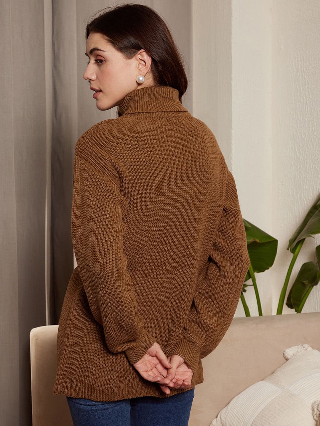 Berrylush Ribbed Longline Turtle Neck Acrylic Pullover Sweater