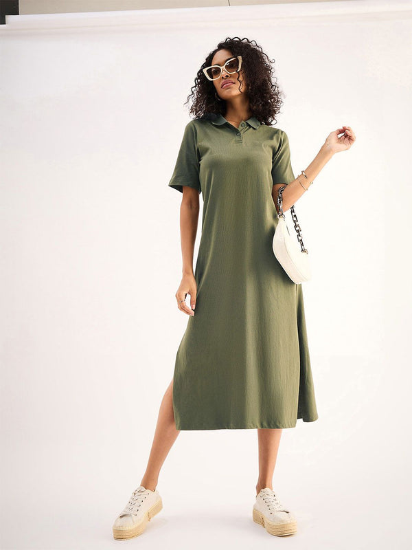 SASSAFRAS BASICS Olive Green Shirt Collar Oversized Cotton Midi A-Line Dress